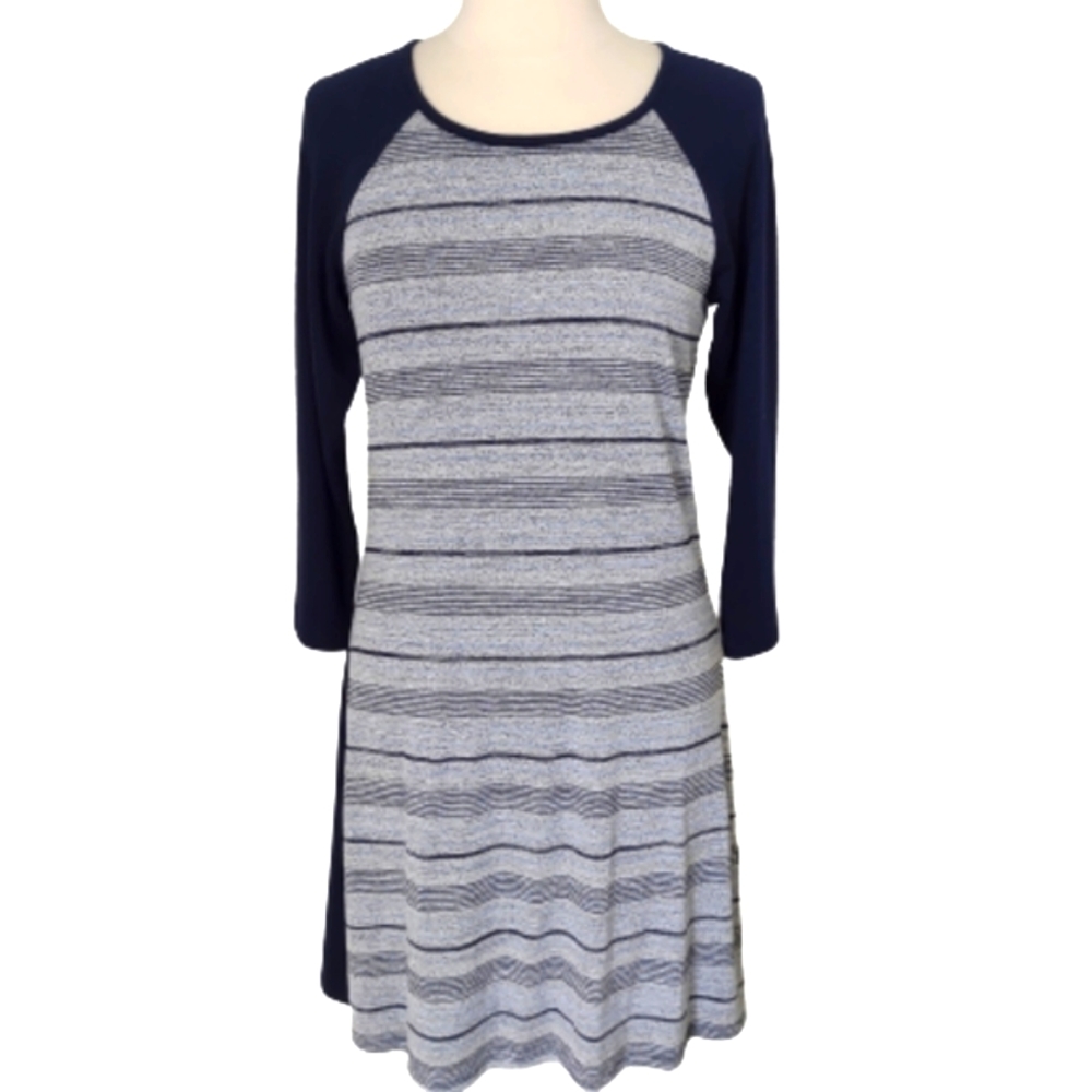 Market & Spruce Edie Knit Dress Large L Gray Navy Striped 3/4 Sleeve Stitch Fix